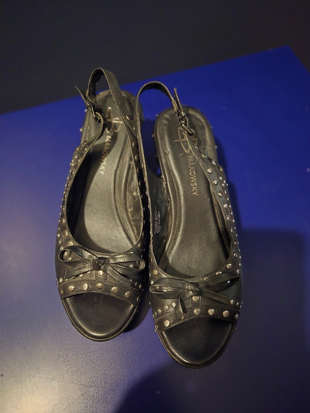 B. Markowsky Black Studded Slingback Peep-Toe Flats